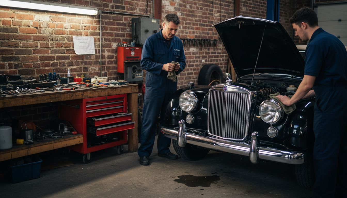 Mechanics maintaining classic wedding car