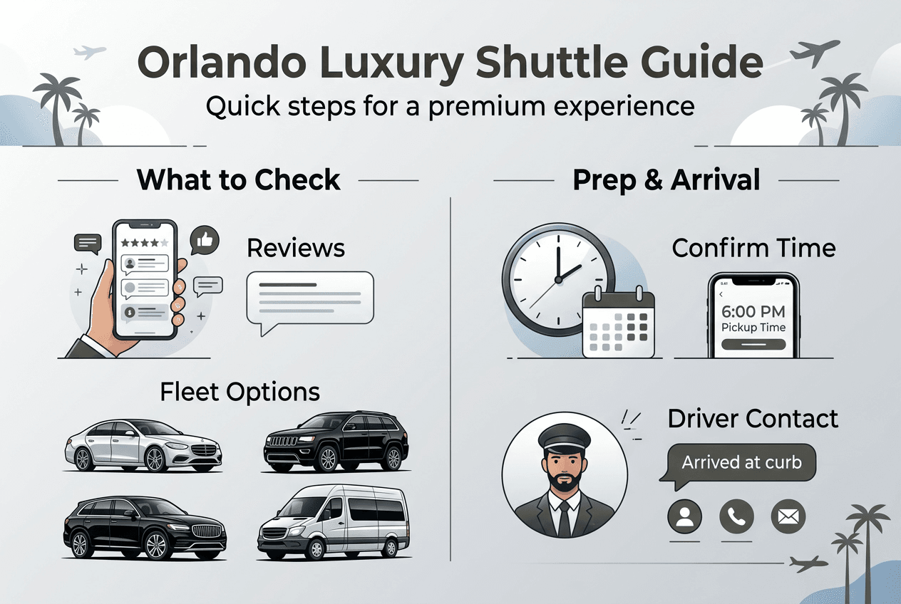 Infographic summarizing luxury airport shuttle steps