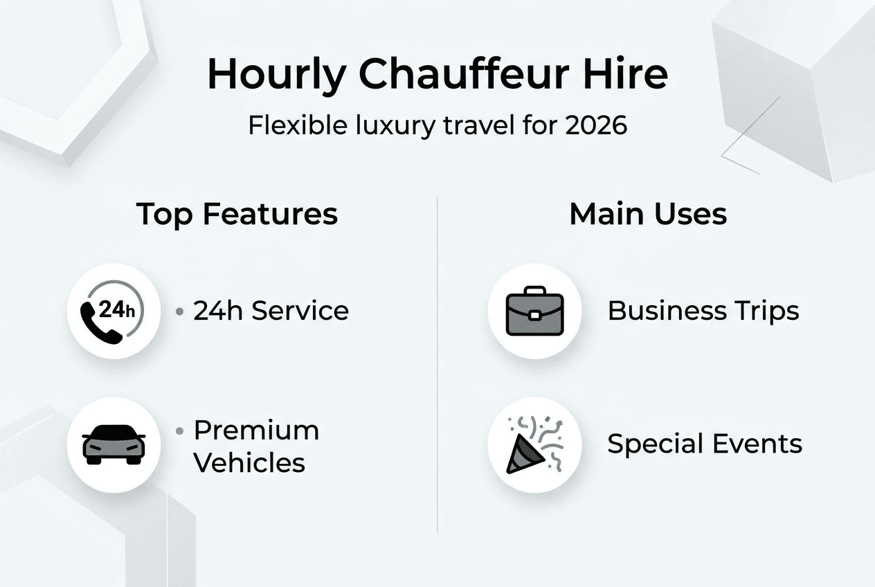 Infographic of hourly chauffeur hire benefits and uses