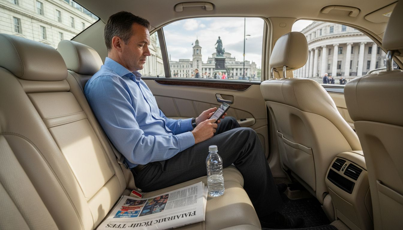 Passenger using phone in chauffeur-driven Mercedes