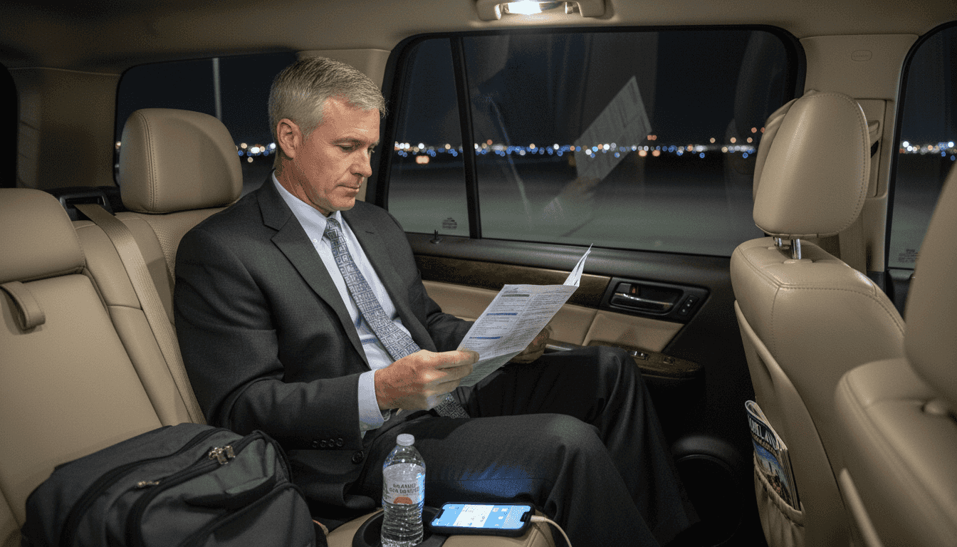 Luxury SUV interior with business traveler