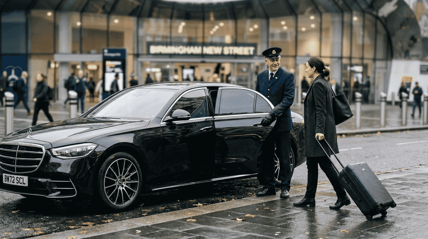 Chauffeur opening car for executive at station