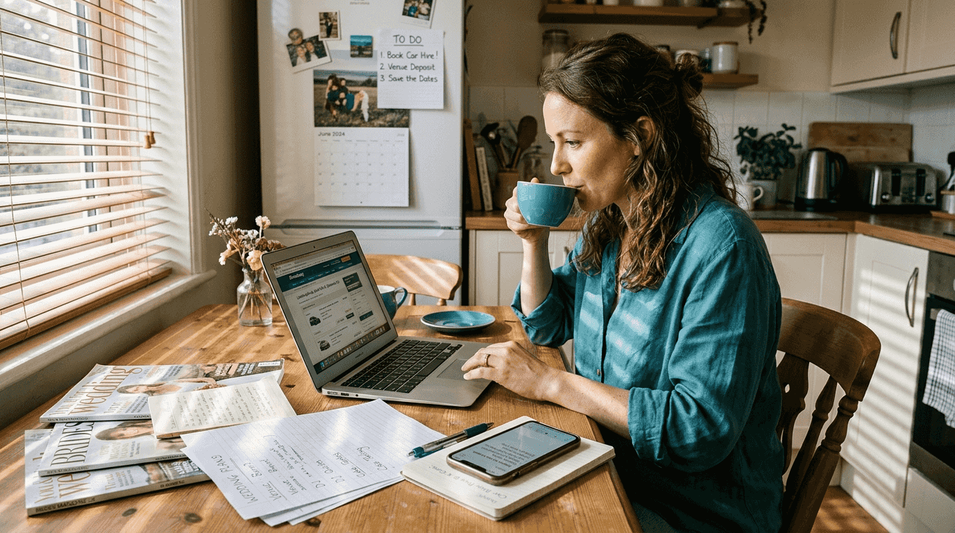 Bride researching wedding car hire providers at home