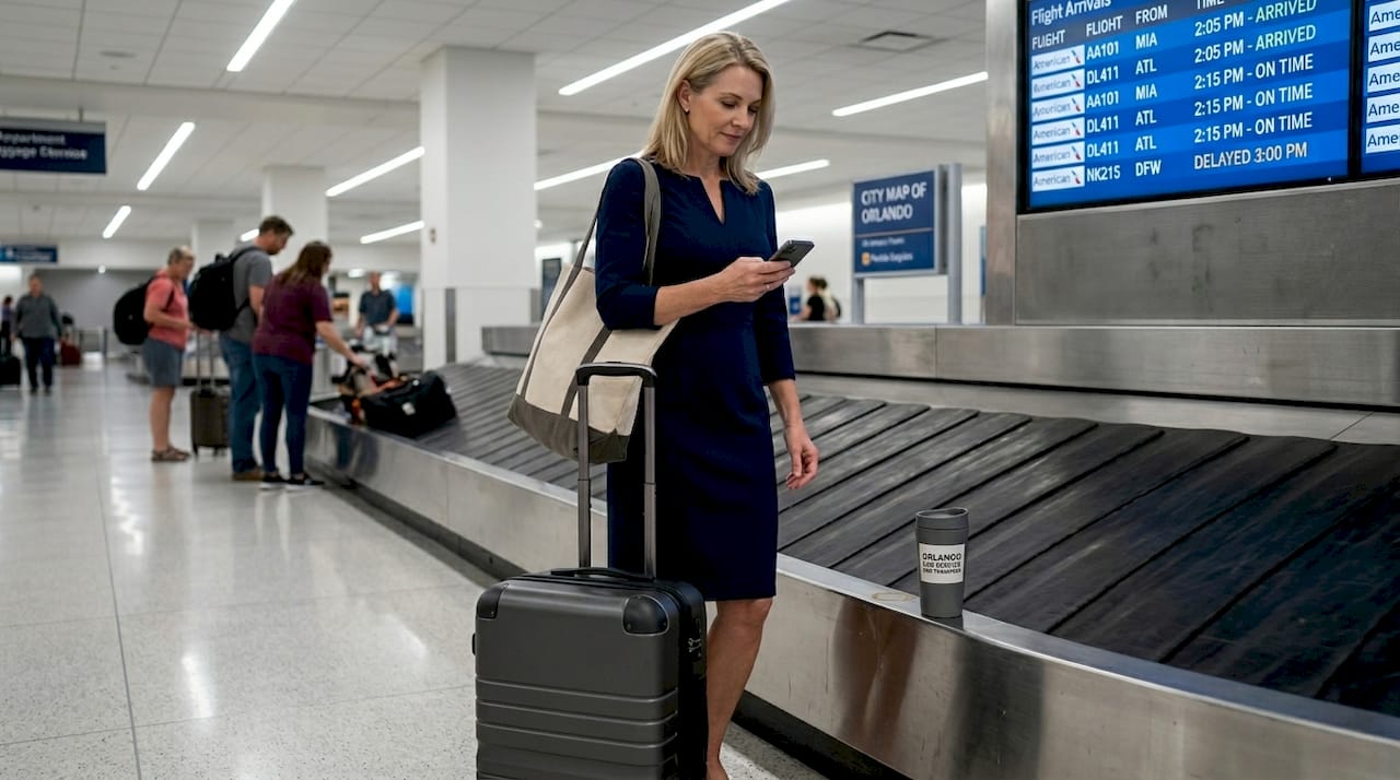 Traveler checks phone by baggage carousel