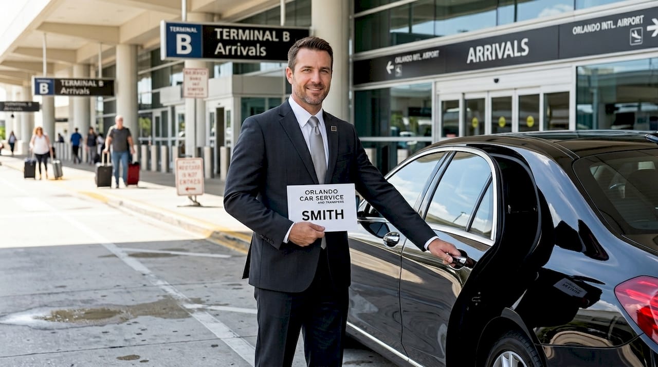 Chauffeur waits by Mercedes at airport curb