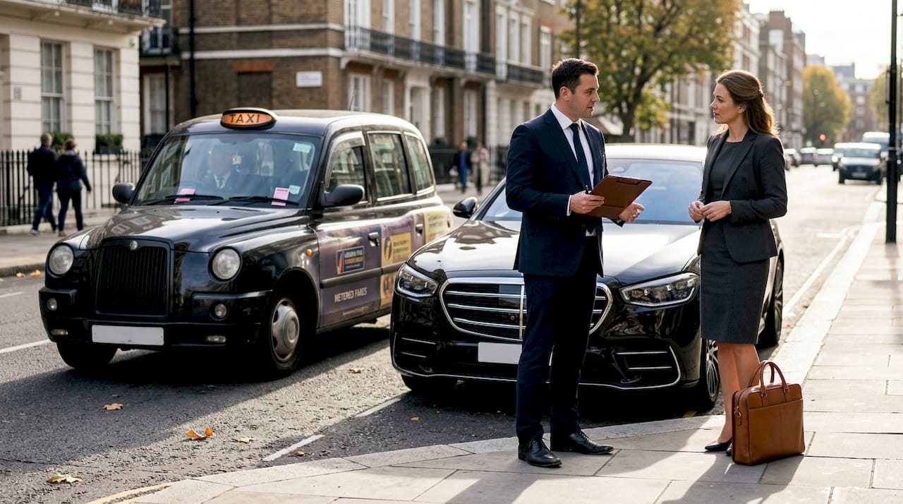 Chauffeur and taxi side by side in city street