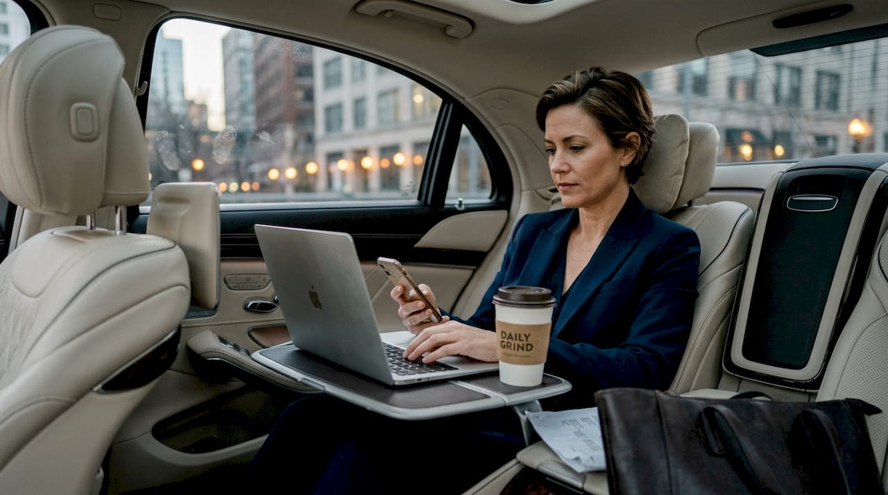 Executive working in luxury car back seat