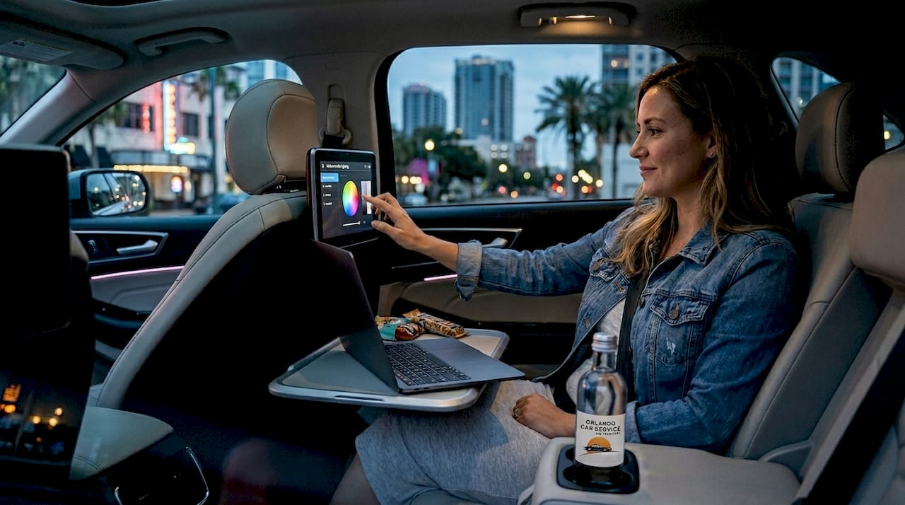 Passenger using luxury car advanced features