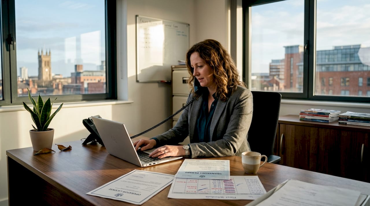 Transport manager reviews documents in corner office
