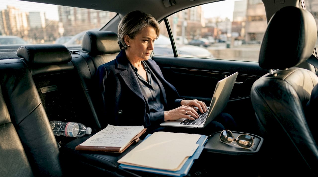 Executive working in backseat of car