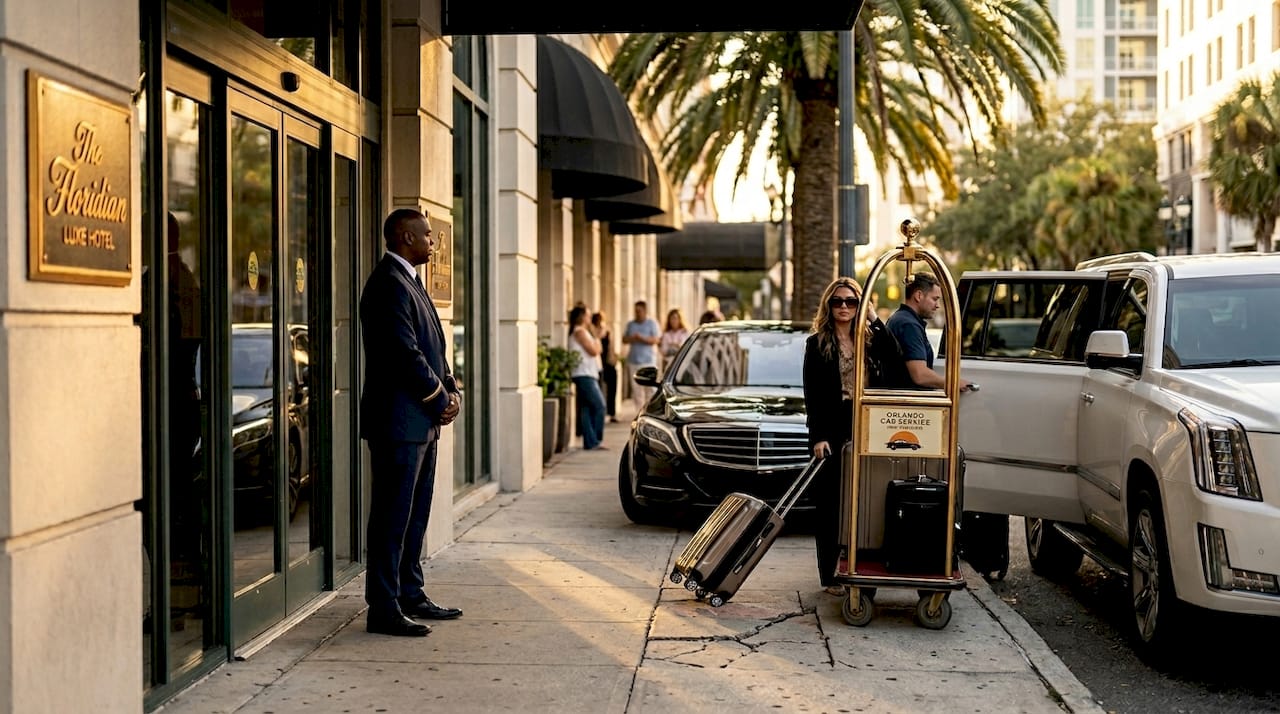 Luxury cars and travelers at Orlando hotel entrance