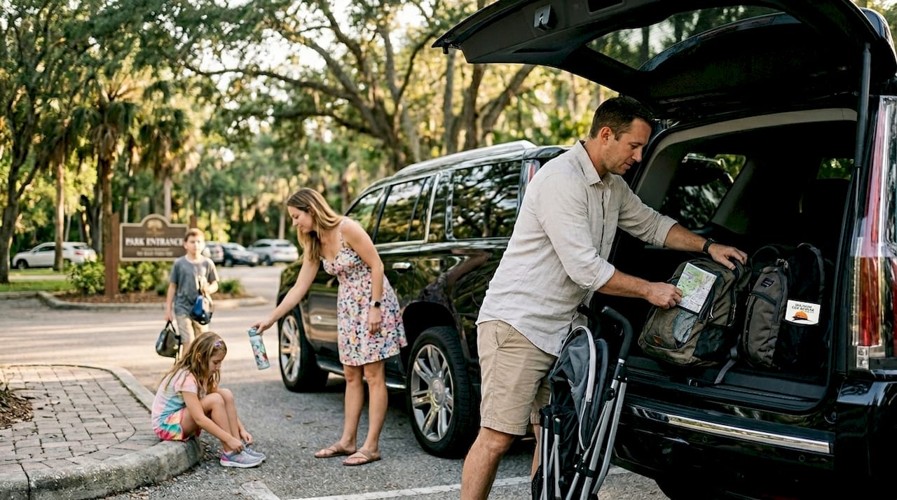 Family loading luggage into Cadillac Escalade SUV