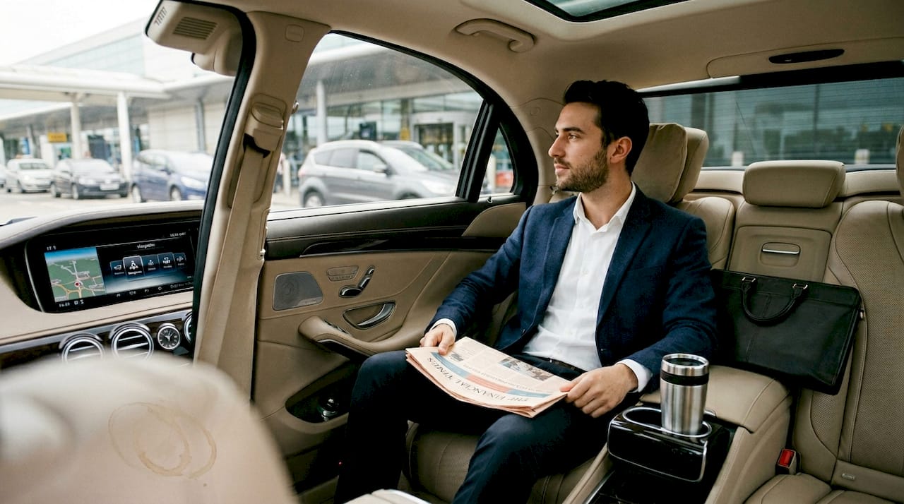 Traveler waits inside luxury airport car