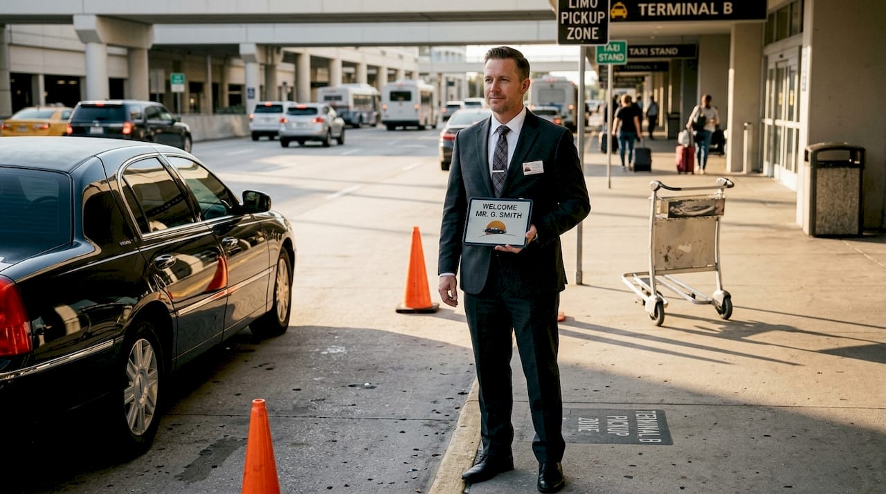 Chauffeur verifying limo arrival at airport curb