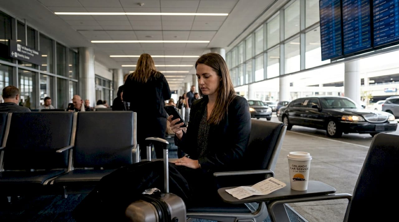 Traveler tracking limo arrival at Orlando airport