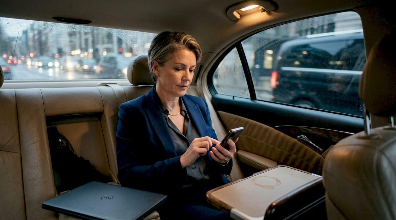 Executive in luxury car reviewing agenda