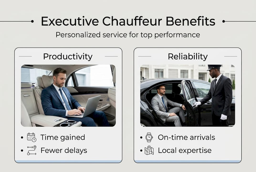 Infographic showing executive chauffeur productivity and reliability benefits
