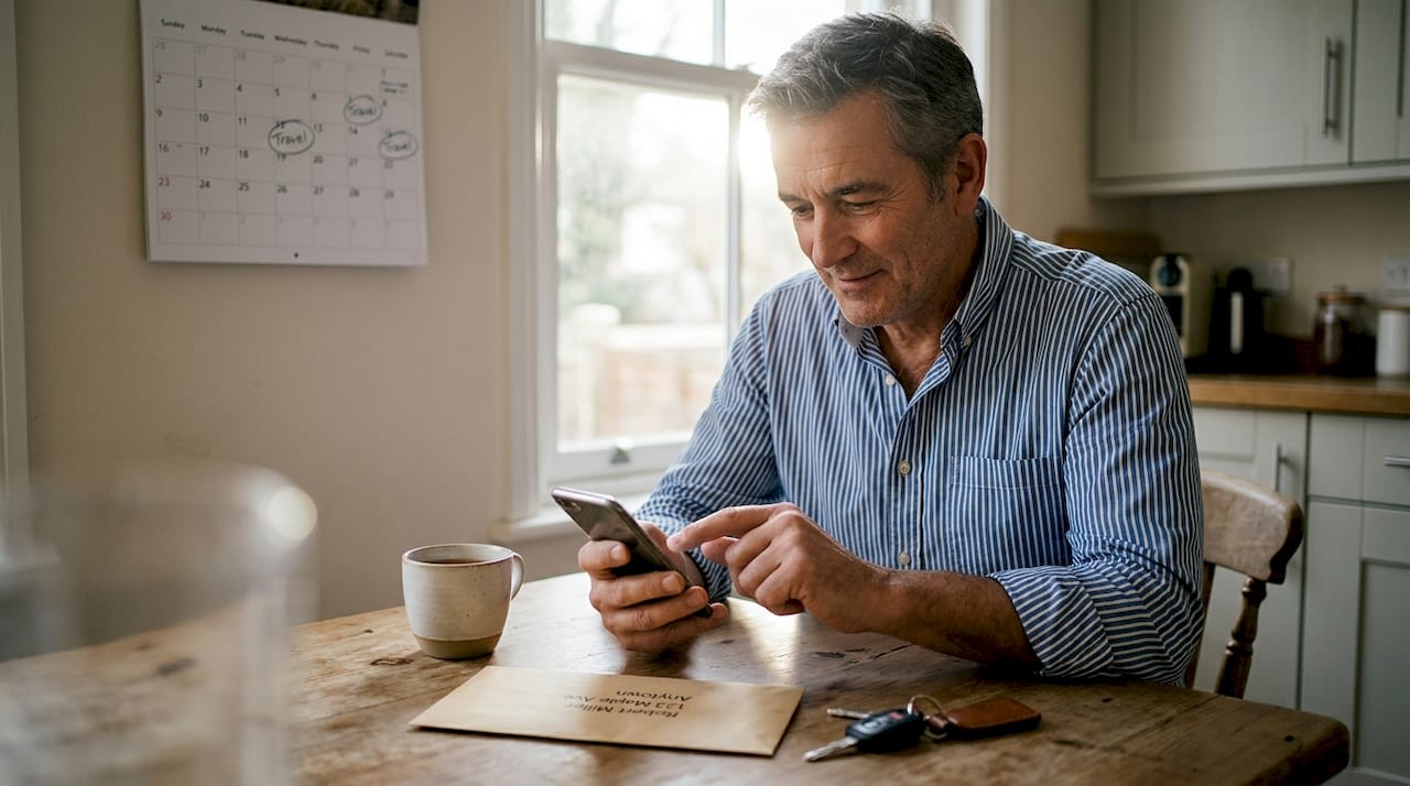 Man checks chauffeur booking email at kitchen table