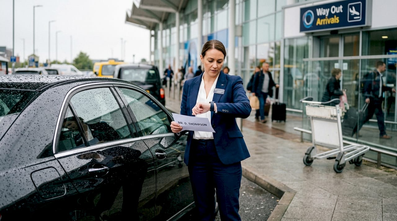 Chauffeur waiting at Birmingham airport curbside