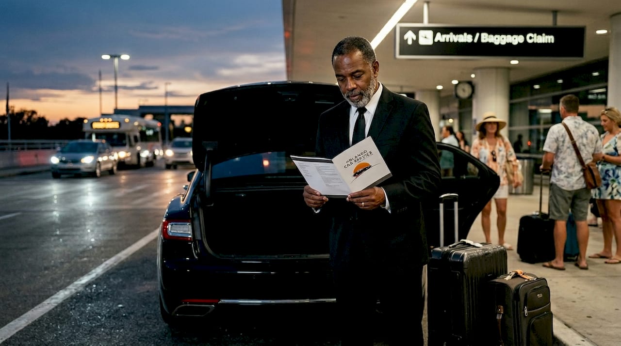 Chauffeur with luxury sedan at Orlando airport