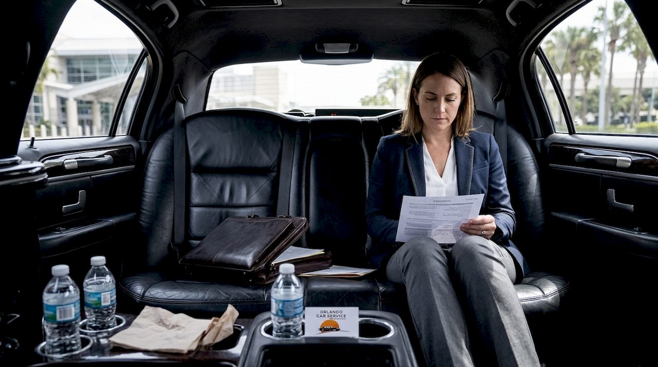 Traveler reviews itinerary in limo interior