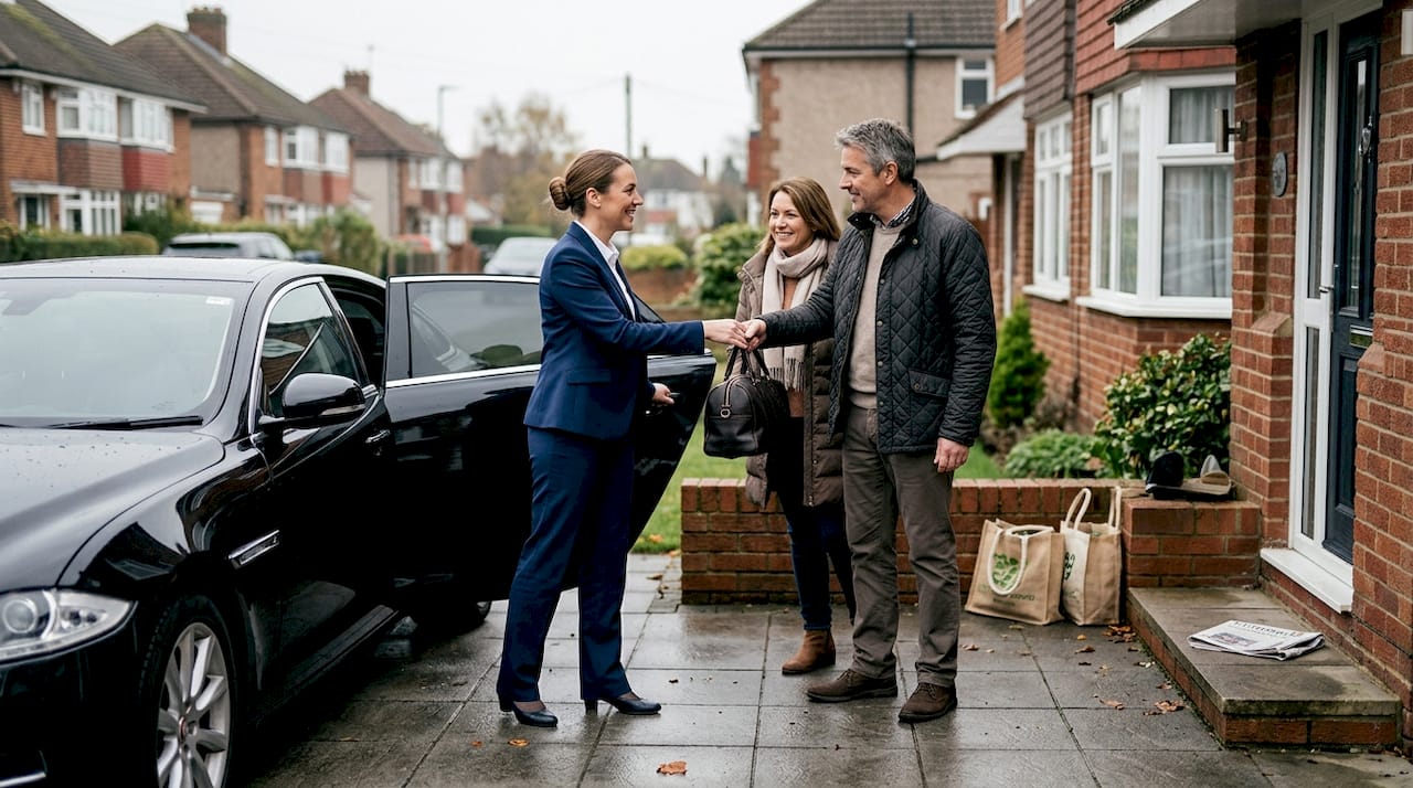Chauffeur greeting clients on suburban driveway