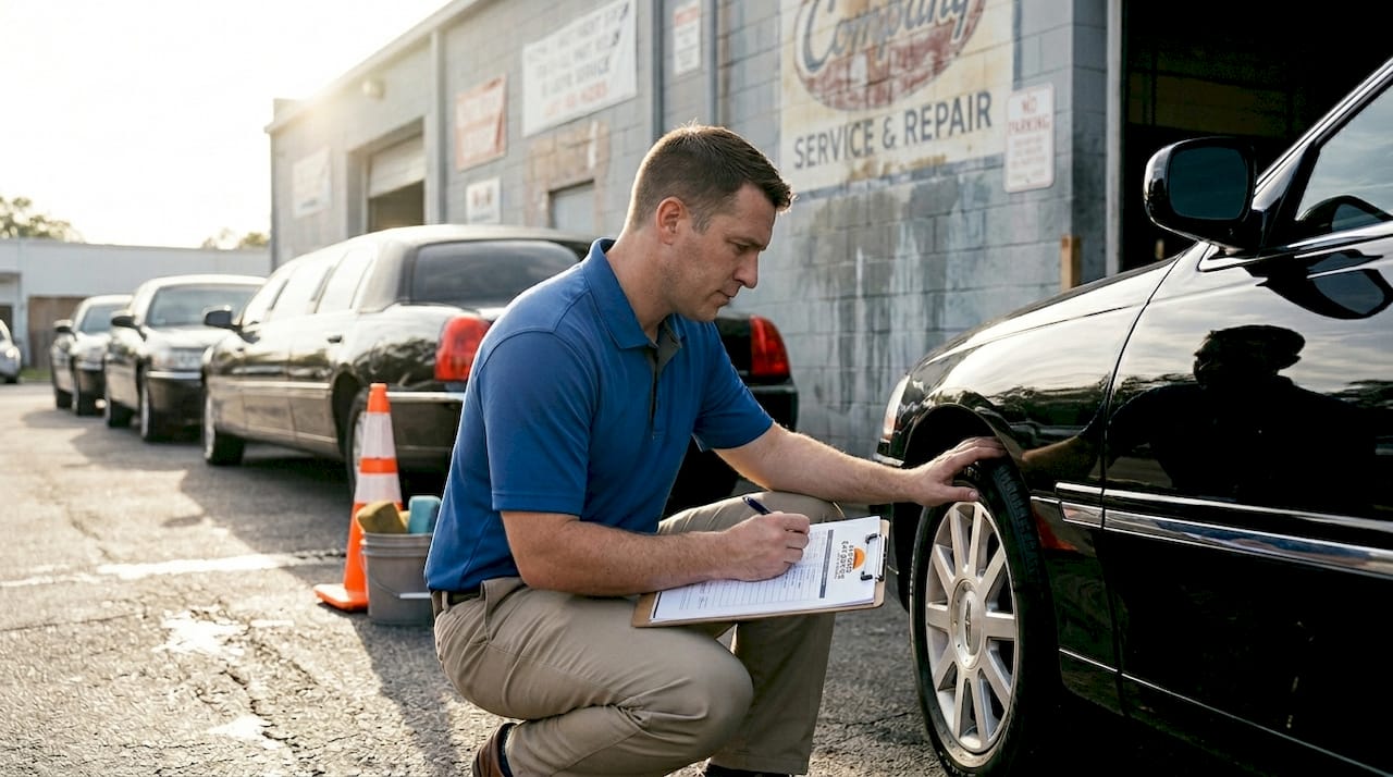 Fleet manager inspecting limo vehicle quality