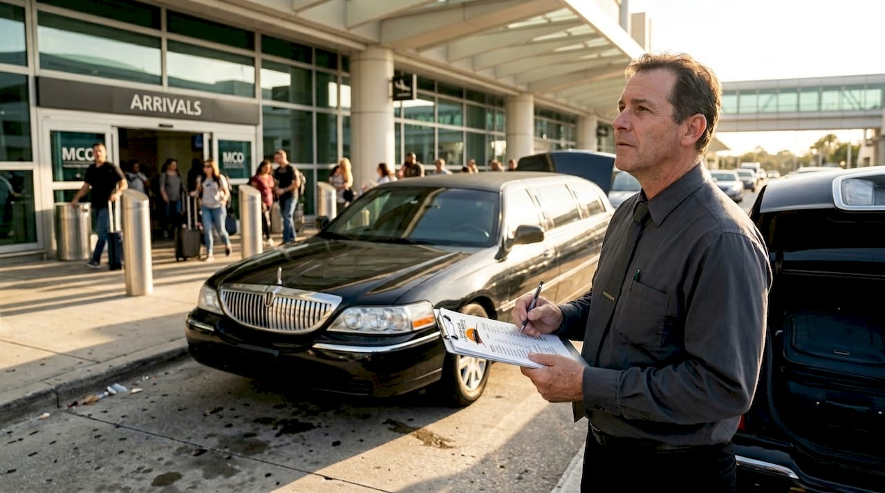 Chauffeur beside limo at Orlando airport curb