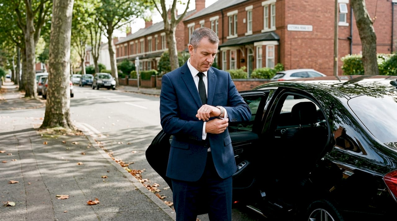 Chauffeur in suit beside parked luxury car