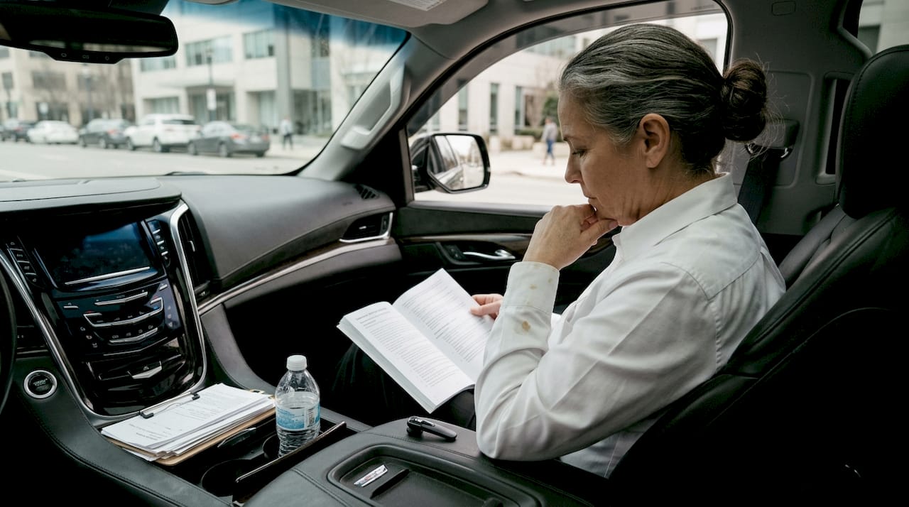 Chauffeur studying in vehicle with training manual