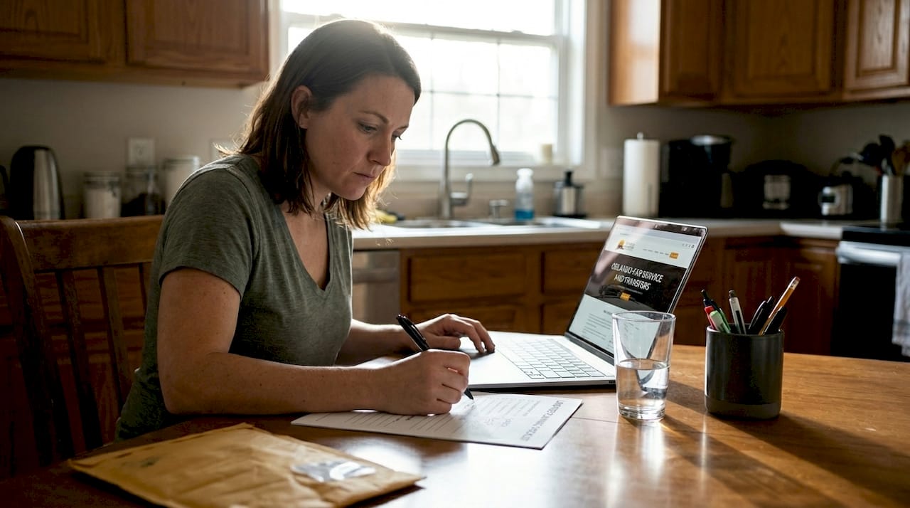 Woman planning limo ride at kitchen table