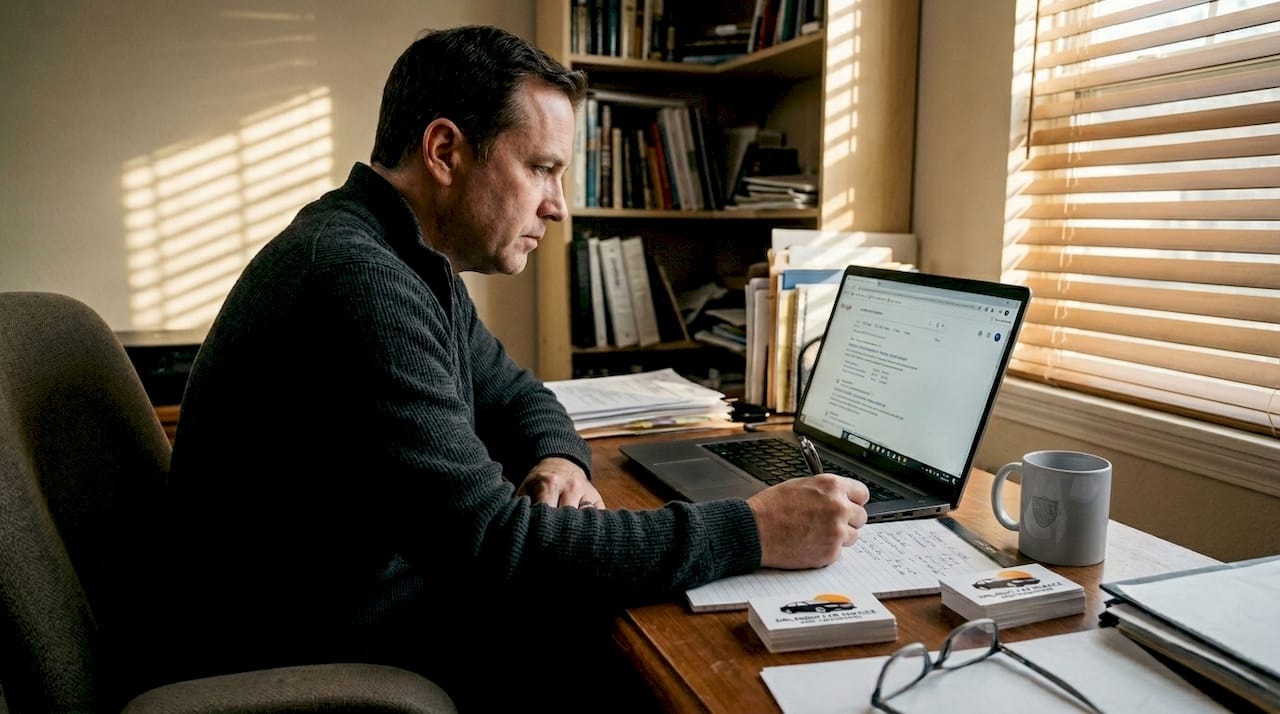 Man researching limo providers at desk