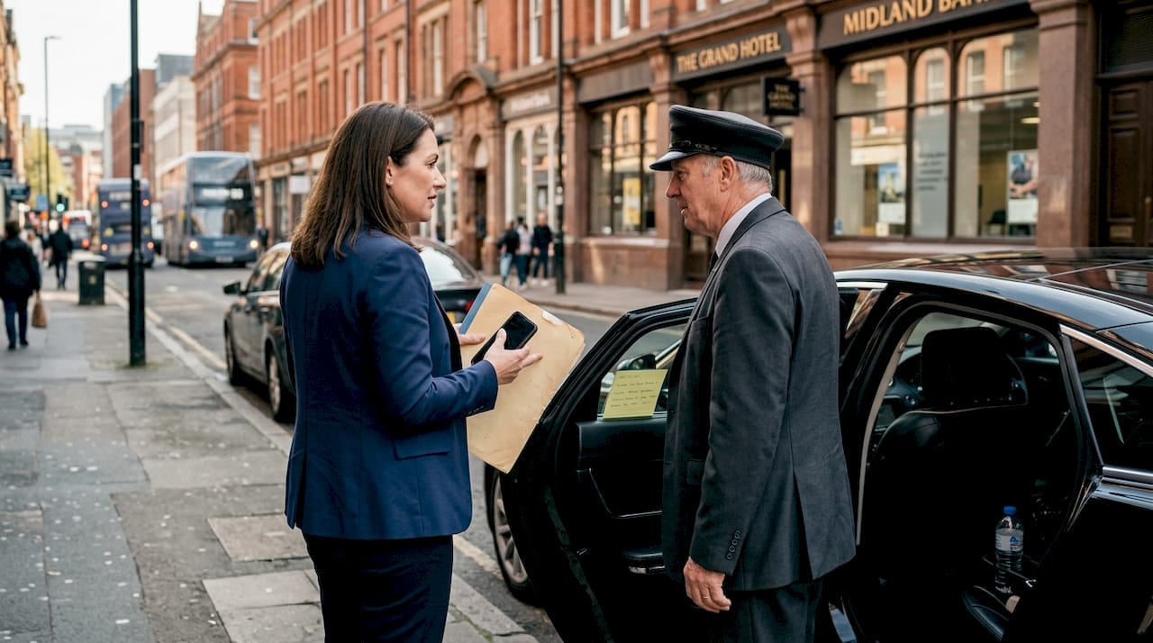 Client and chauffeur talking outside luxury car