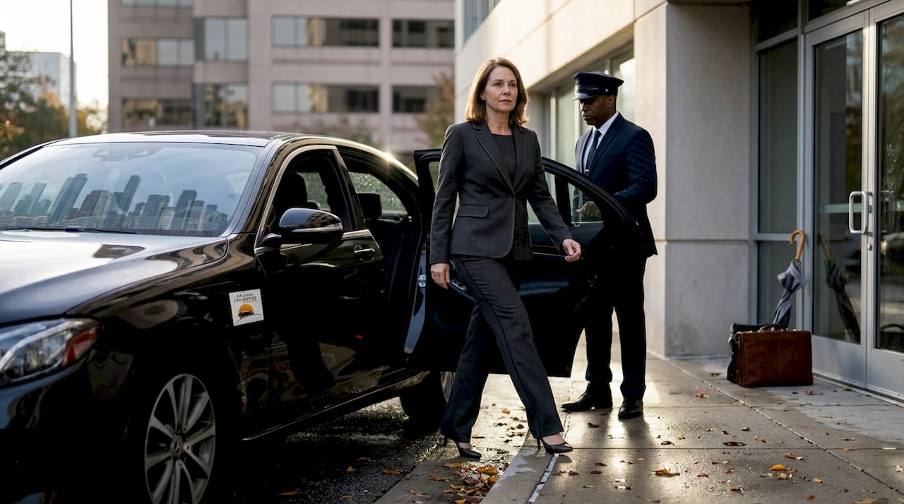 Executive stepping out of sedan at office