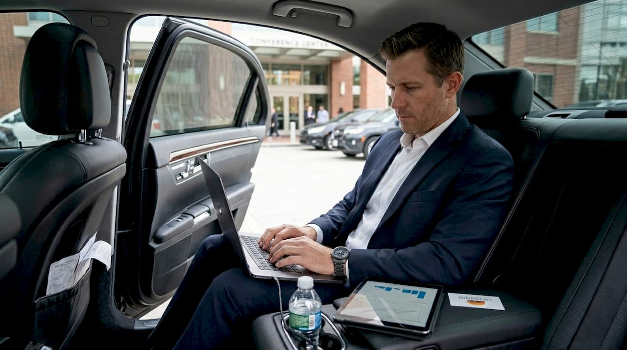 Executive working with laptop in car backseat