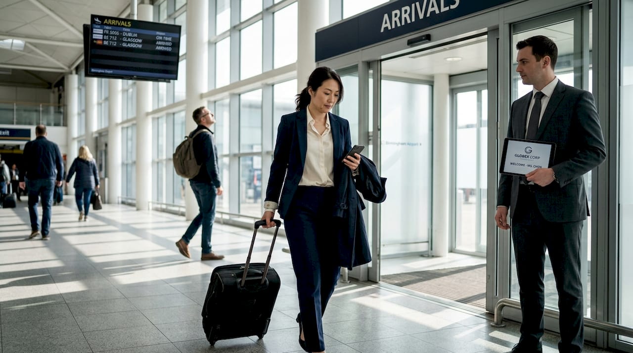 Business traveler greeted at Birmingham Airport