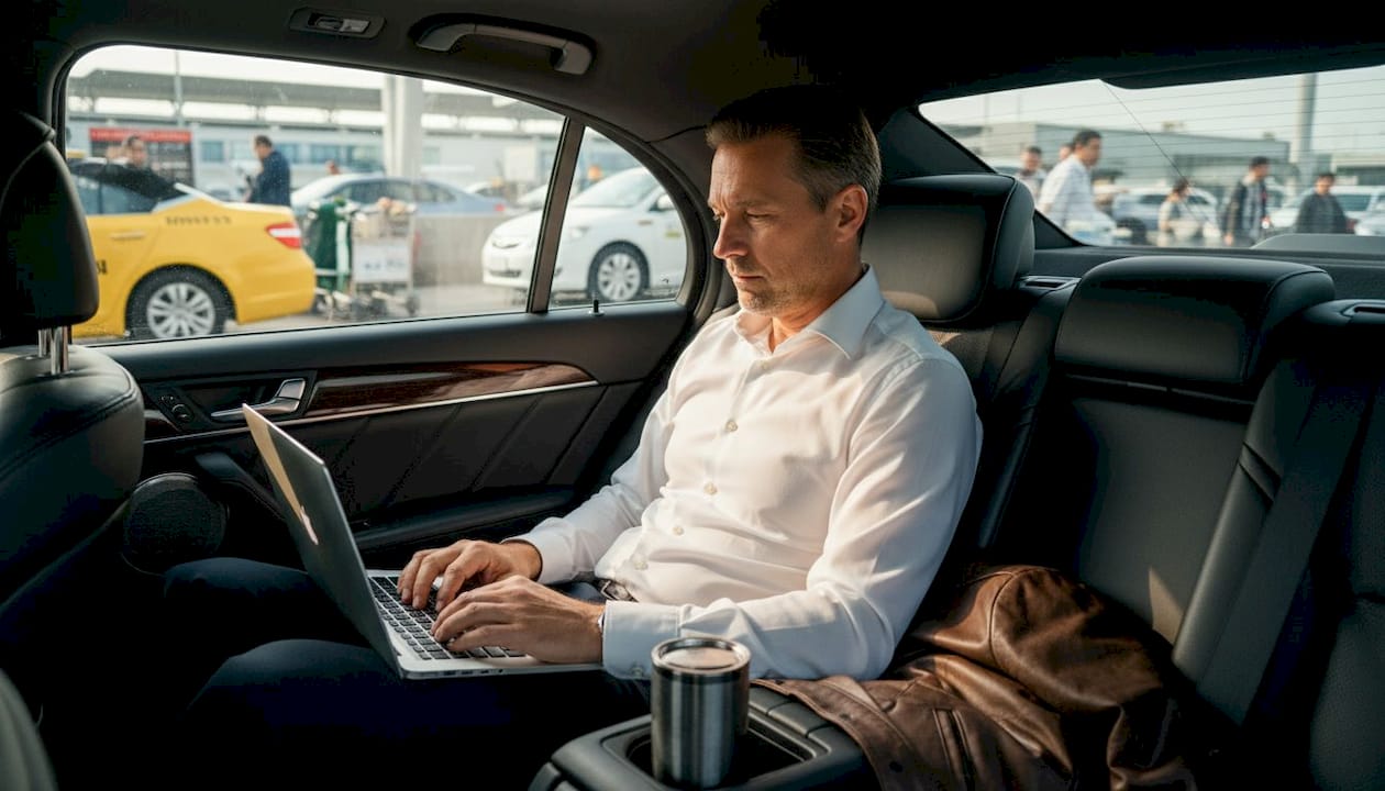 Executive working inside airport transfer vehicle