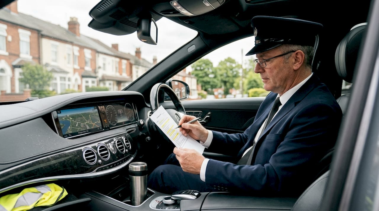 Chauffeur reviewing itinerary inside executive car