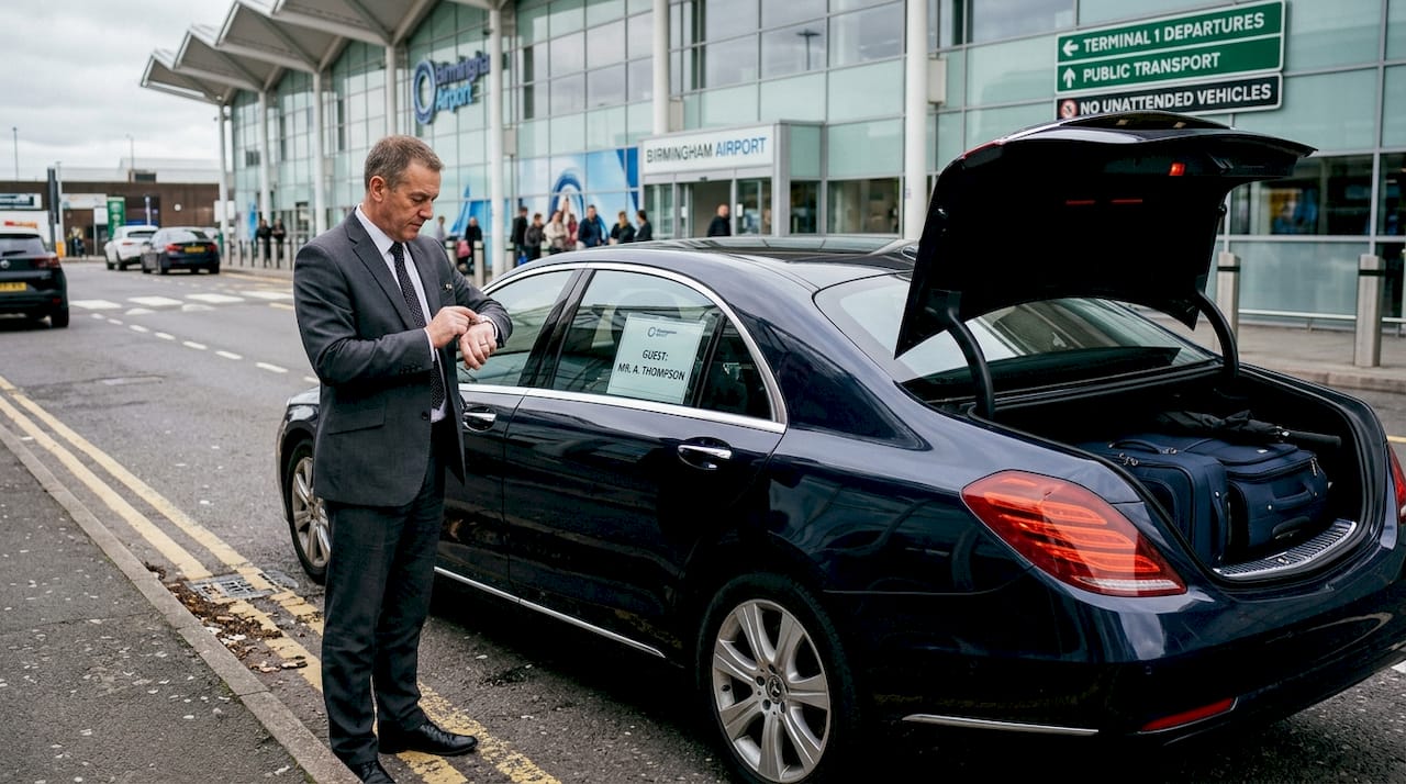 Chauffeur waiting near Birmingham Airport curb