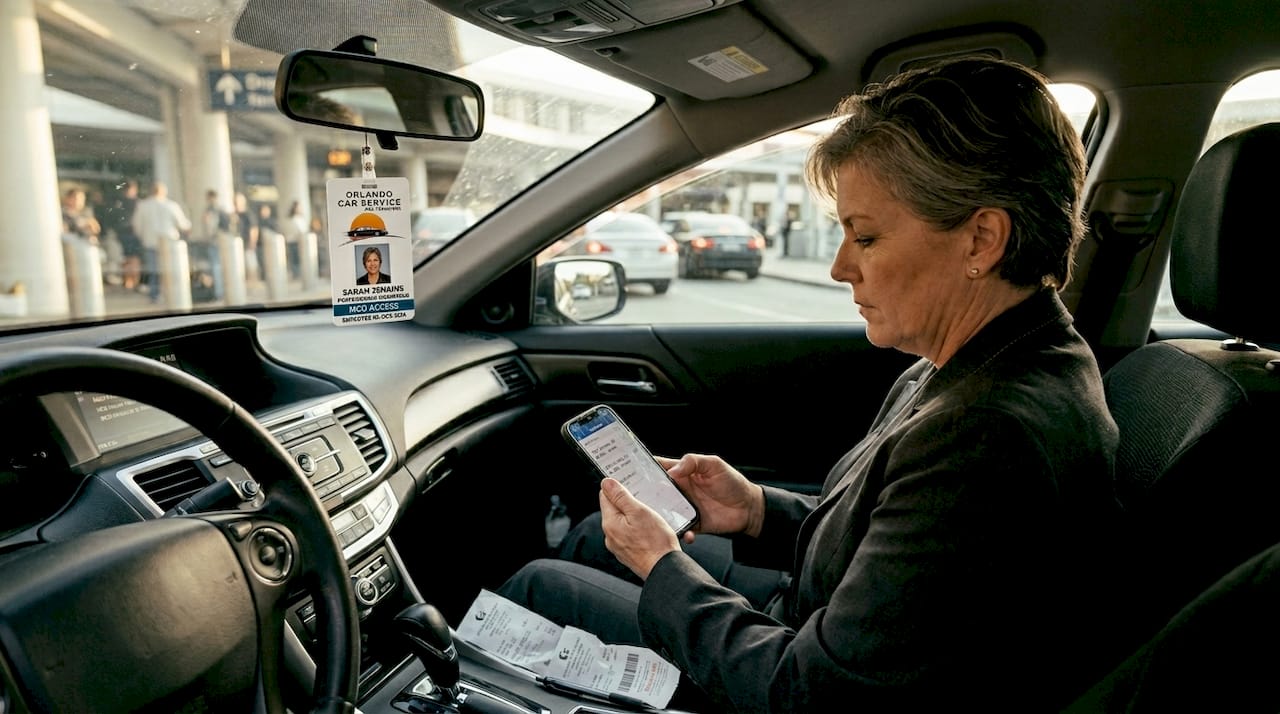 Chauffeur checks flight updates in sedan