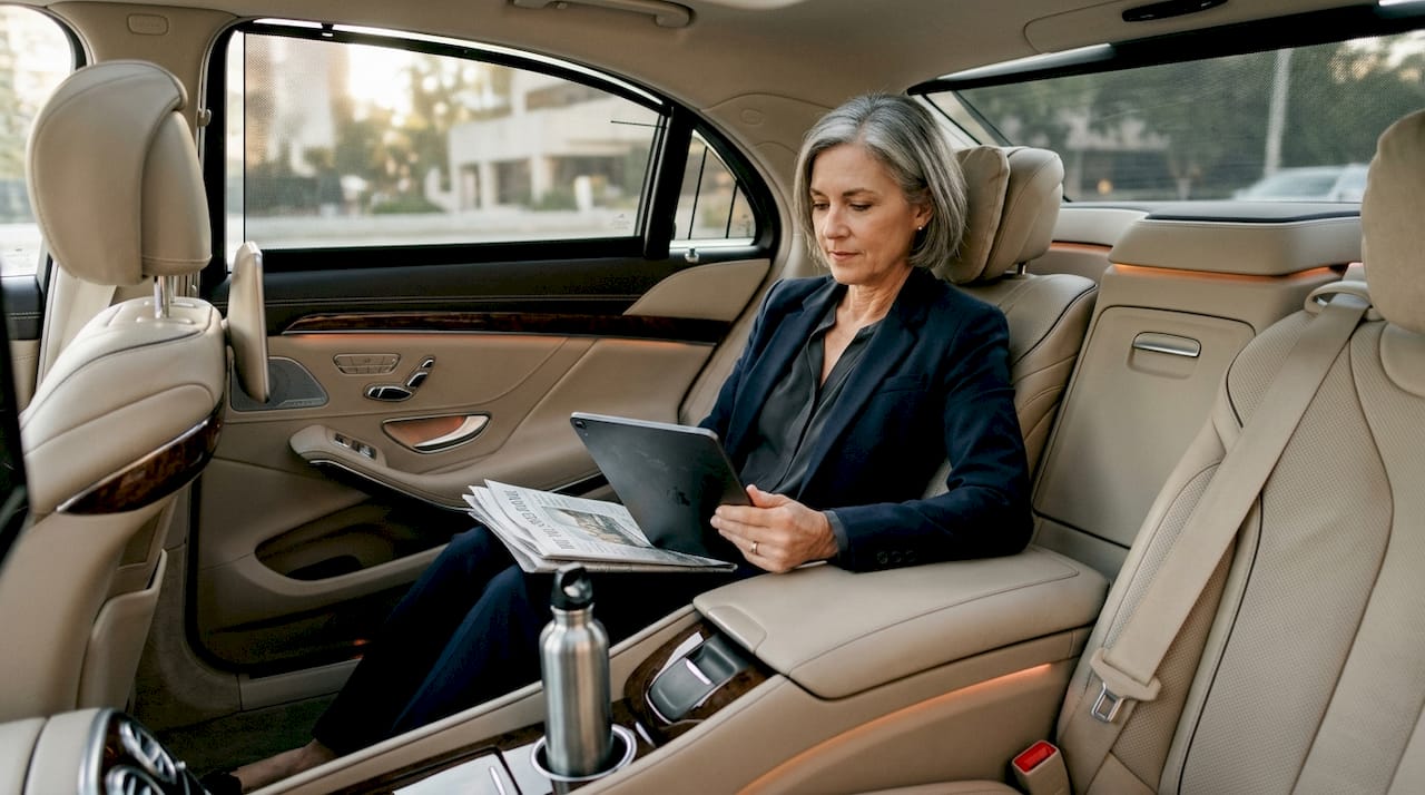 Executive in Mercedes S-Class luxury cabin