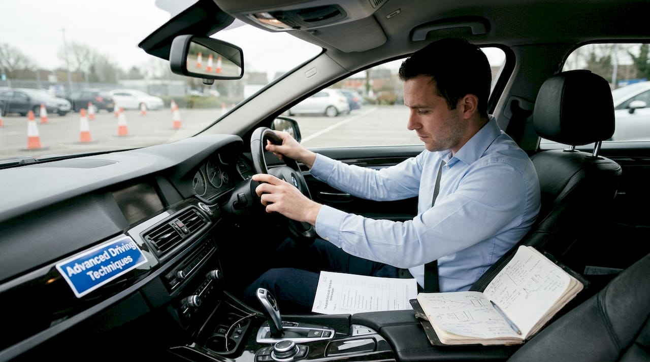 Chauffeur training in sedan car park
