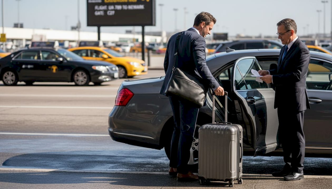 Business traveler leaving chauffeur car at airport