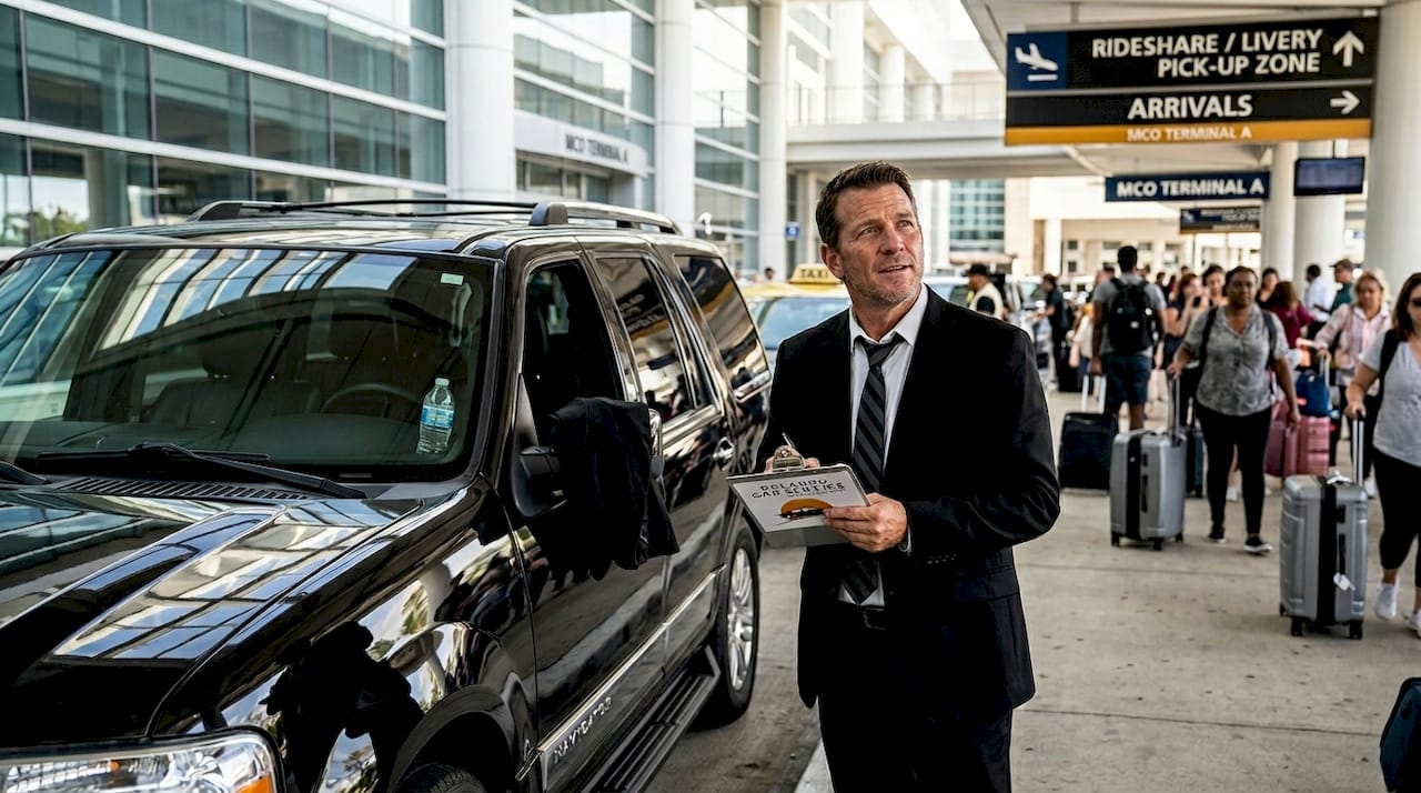Chauffeur with black SUV at Orlando airport arrivals