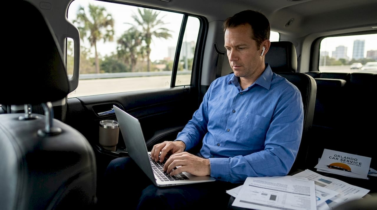 Businessperson working in Orlando car service rear seat