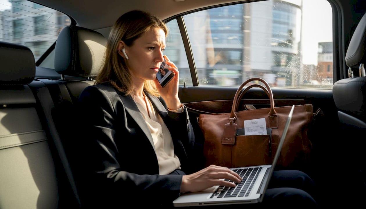 Executive working in chauffeured car interior