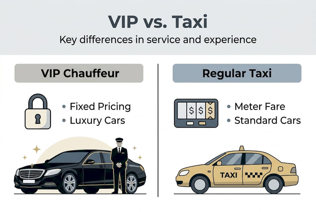 Infographic comparing VIP chauffeur with taxi service