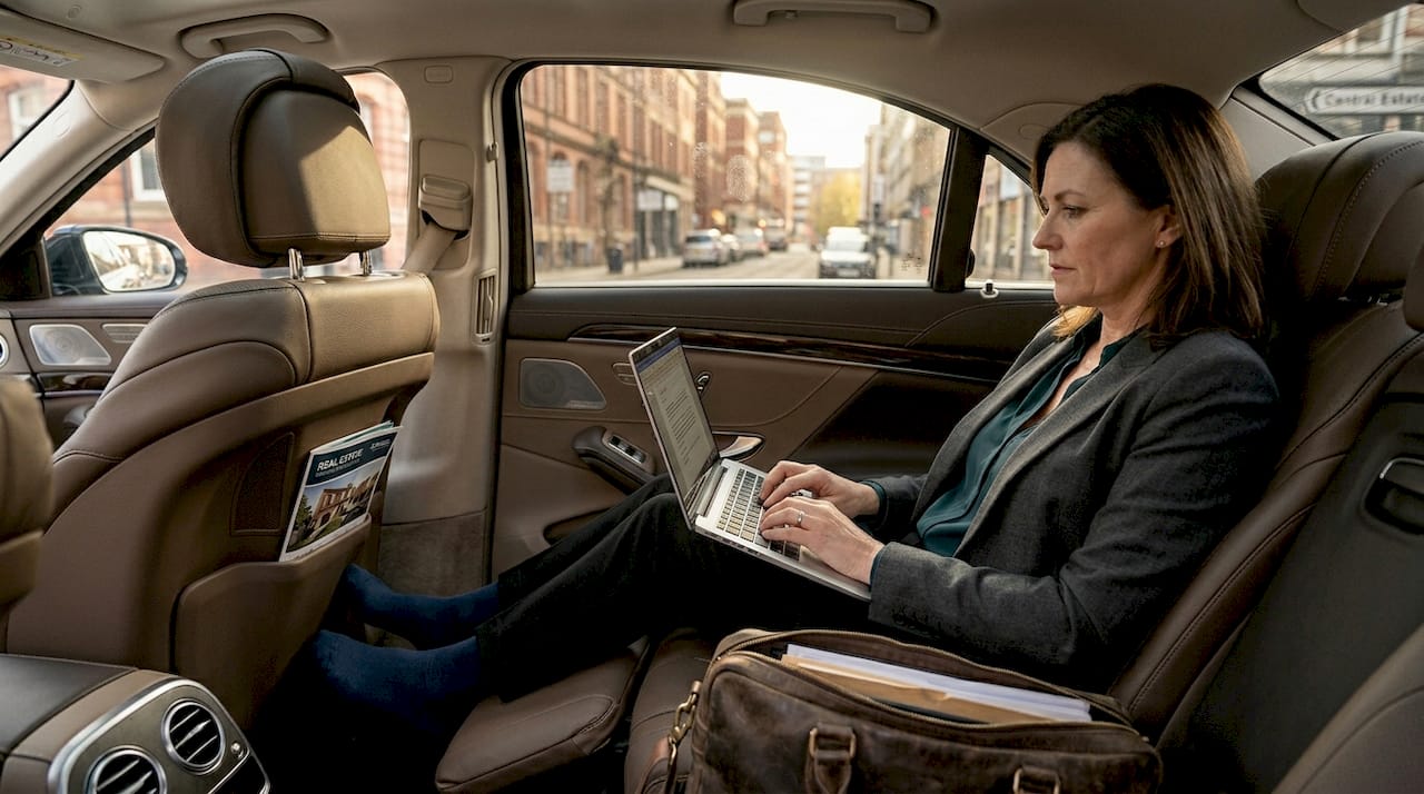 Businesswoman working inside luxury sedan