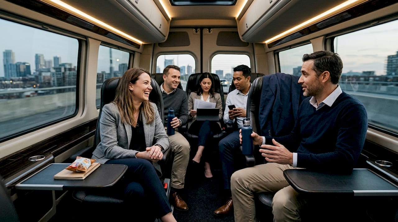 Group relaxes inside luxury minibus with amenities