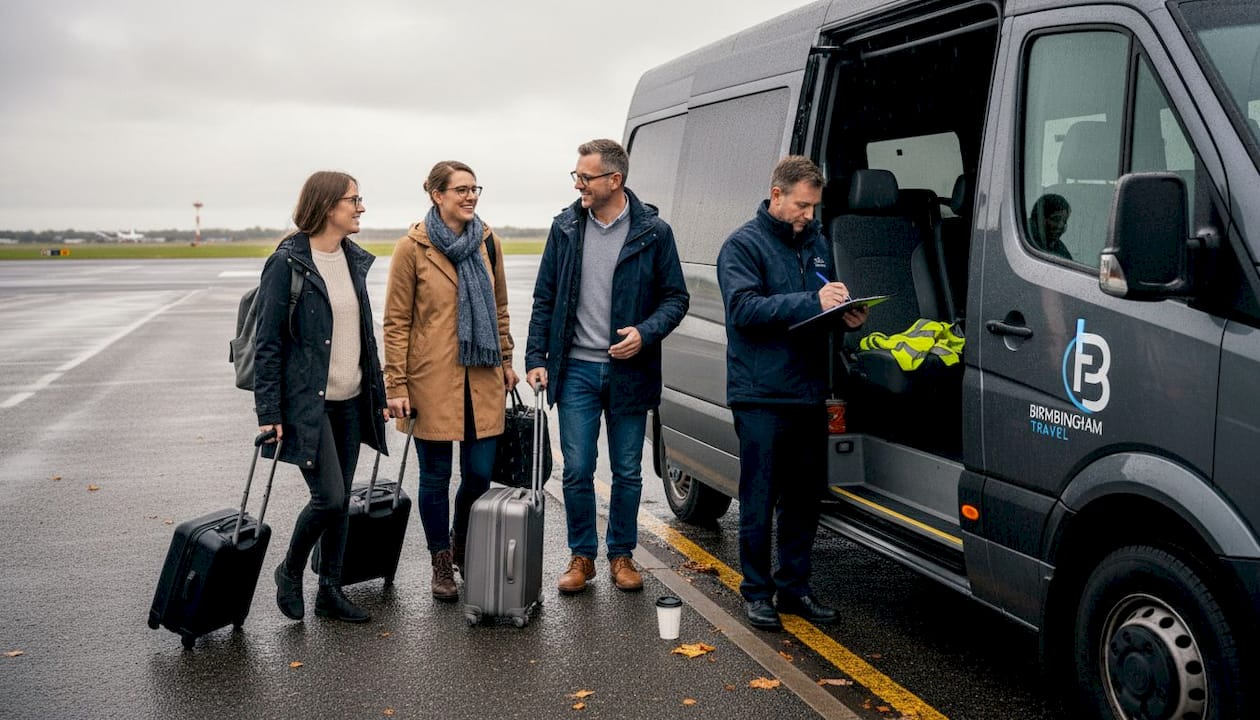 Travel group boarding Birmingham airport shuttle
